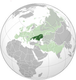 Map showing the present-day distribution of Indo-European languages in Eurasia (light green) and the likely Proto-Indo-European homeland (dark green)