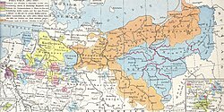 Prussia (orange) and its territories lost after the War of the Fourth Coalition (other colours)