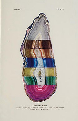 Composite image of an agate slice showing natural color at the top and various artificial colors below