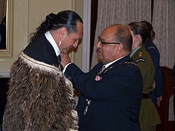 Investiture of Derek Lardelli as ONZM by Governor-General of New Zealand Sir Anand Satyanand for services to Māori arts at a ceremony at Government House, Wellington in September 2008