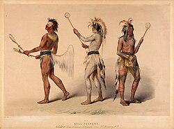 Ball players from the Choctaw and Lakota tribe in a 19th-century lithograph by George Catlin