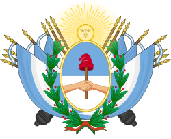 Enlarged version of the coat of arms of Argentina, with flags on each side, year 1863