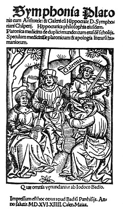 Plato, Aristotle, Hippocrates and Galen play a piece on viols in this fanciful woodcut from 1516.