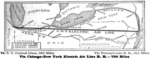 1907 map showing the projected Chicago–New York Electric Air Line Railroad