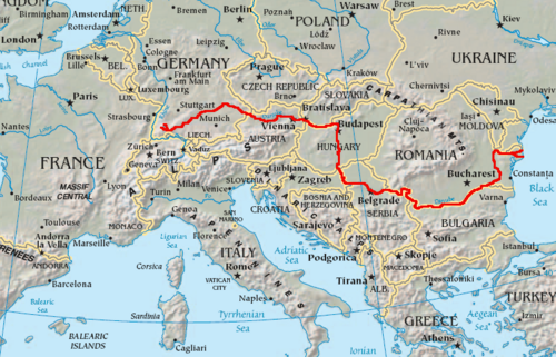 Map of the Danube and the major cities it passes through