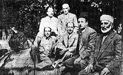 Nationalist leaders in Syria in the late 1920s. Hananu is seated first from the right at the top row, while Saleh al-Ali who led the Alawite Revolt is seated first from right at the bottom row