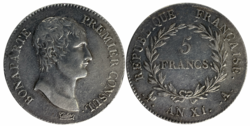 Silver 5 francs coin depicting Napoleon as First Consul from AN XI, 1802