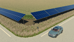 3D design of a south-facing solar array (left) and a horizontal axis array (right) on the edge of a corn field
