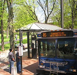 A New Haven Division bus in Downtown New Haven, near the Green