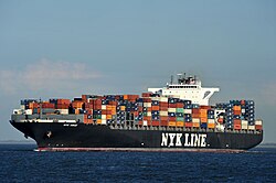 An ocean containership close to Cuxhaven, Germany