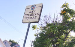 The sign for Ray Charles Square in West Adams Heights, Los Angeles
