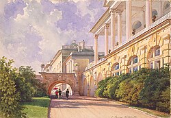 The Catherine Palace, located at Tsarskoe Selo, was the summer residence of the imperial family. It is named after Empress Catherine I, who reigned from 1725 to 1727 (watercolor painting from the 19th century).