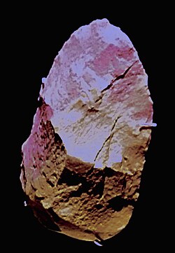 The Sima de los Huesos hand axe15.5 cm (6 in) tall[91] is finely crafted and made out of a rare stone, which may indicate symbolic meaning.[92]