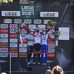 Pogacar on the podium after winning the 2021 Liège–Bastogne–Liège