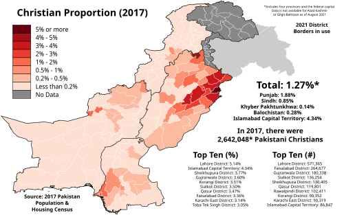 Christian proportion of each Pakistani District in 2017 according to the Pakistan Bureau of Statistics