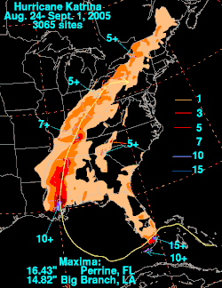 Total rainfall from Katrina in the United States. Data for the New Orleans area is not available.