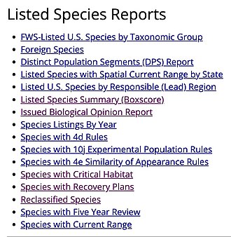 The U.S. Fish and Wildlife Service provides online lists[81] that link to a range of reports it depends on for implementing the Endangered Species Act of 1973.