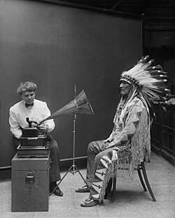 Frances Densmore and Blackfoot chief Mountain Chief working on a recording project of the Bureau of American Ethnology (1916)