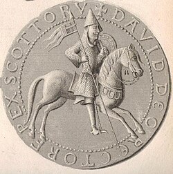 Steel engraving and enhancement of the reverse side of the Great Seal of David I, a picture in the Anglo-Continental style depicting David as a warrior leader.