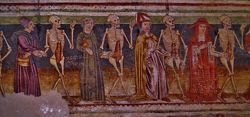 A mural depicting a cardinal, a bishop, a monk and a peasant dancing with skeletons