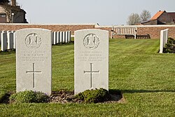 Graves of Queen's Own Cameron Highlanders killed in the First World War at the Cement House Cemetery in Langemark, Belgium