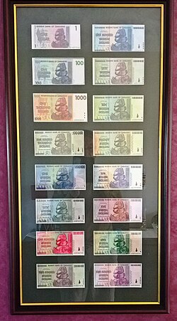 Selection of 16 original un-circulated Zimbabwe notes ranging in denomination from Z$1 to Z$100 trillion. They are all signed by Gideon Gono, the Governor of the Reserve Bank of Zimbabwe, in the period 2007 to 2008, who promises "to pay the bearer on demand".