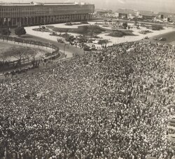 Crowds gather in front of the airport during the transport of President Getúlio Vargas' body from Rio for burial in São Borja, 26 August 1954