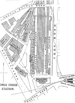 Plan of King's Cross in 1888. Originally, there was only one arrival and one departure platform.