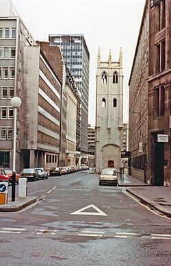 Wood Street in 1983 (from the south); the telephone exchange is on the left.