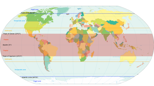 World map with the intertropical zone highlighted in crimson