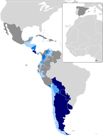 Voseo countries – Argentina, Uruguay, Paraguay and Eastern Bolivia (Media Luna) – are represented by dark blue. Argentina is the largest country that uses the voseo.