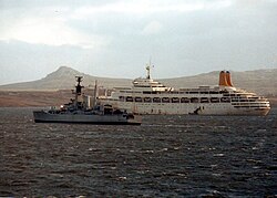 HMS Andromeda and SS Canberra off Port Stanley on 16 June 1982