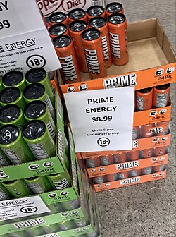 Prime energy drinks being sold a store in Sydney. A sign posted informs that the store restricts the sale of the drink to only those over the age of 18 (the age of majority in Australia) and limits customers and groups to a maximum of six cans each.