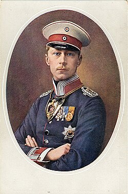 Crown Prince Wilhelm in about 1915. Chancellor Baden's announcement of his father's abdication included him as well.