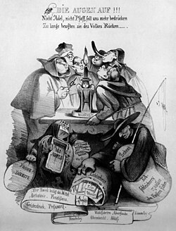 An anti-clerical and anti-aristocratic print, published in Germany in 1845. The text reads: "Eyes Open!!!—Neither the nobility, nor the clergy will oppress us any longer; they have broken the backs of the people for too long."[39]