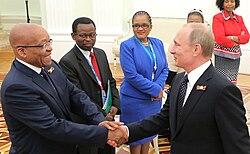 Zuma greets Russian President Vladimir Putin in 2015.