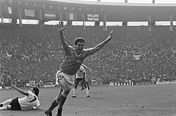 Van Basten celebrates his hat-trick against England at Euro 1988