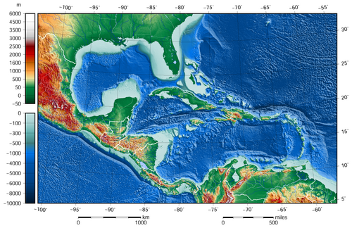 The shaded relief map of the Gulf of Mexico and the Caribbean area[84][85]