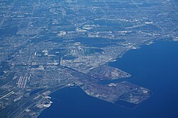 Aerial view of Gary International Airport (lower left corner) and East Chicago