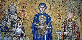 A mosaic from the Hagia Sophia of Constantinople (modern Istanbul), depicting Mary and Jesus, flanked by John II Komnenos (left) and his wife Irene of Hungary (right), c. 1118 AD