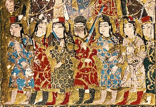 Zengid soldiers armed with long swords and wearing the aqbiya turkiyya coat, tiraz armbands, boots and sharbush hat, at the time of the atabegate of Badr al-Din Lu'lu' in 1218–1219. Kitab al-Aghani, Mosul.[33]