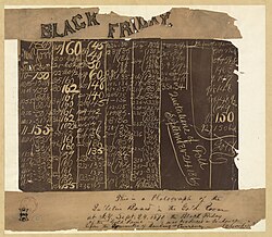 Photograph of the blackboard in the New York City Gold Room on Black Friday, showing the collapse of the price of gold