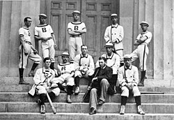 The 1879 Brown varsity baseball team. W.E. White (seated second from right) may have been the first African-American to play major league baseball.[81]