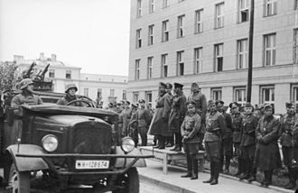 German–Soviet military parade in Brest-Litovsk at the conclusion of the Invasion of Poland. In the centre are Major General Heinz Guderian from the Wehrmacht and Brigadier Semyon Krivoshein from the Red Army.