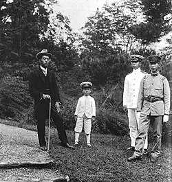 Emperor Taishō's four sons in 1921: Hirohito, Takahito, Nobuhito and Yasuhito