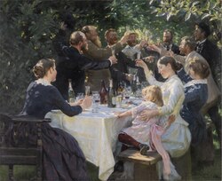 Peder Severin Krøyer – Hip, Hip, Hurrah! (1888), Gothenburg Museum of Art. Shows members of the Skagen Painters.