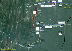 Paraguayan offensive, January 1935. Blue: Paraguayan advances. Red: Bolivian counterattacks.