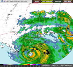 Hurricane Ida at landfall in Port Fourchon, Louisiana, on August 29; an outer eyewall can be seen surrounding the inner eyewall.