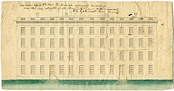 A colored elevation of Mason Hall (1841–1950), the first instructional building on the Ann Arbor campus. Its design inspired North Hall (1851) in Madison, Wisconsin