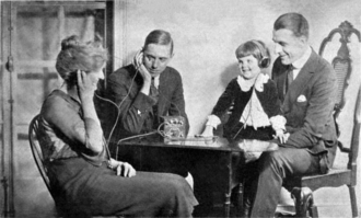 A family listening to an early broadcast using a crystal radio receiver in 1922. Crystal sets, used before the advent of vacuum tube radios in the 1920s, could not drive loudspeakers, so the family had to listen on earphones.